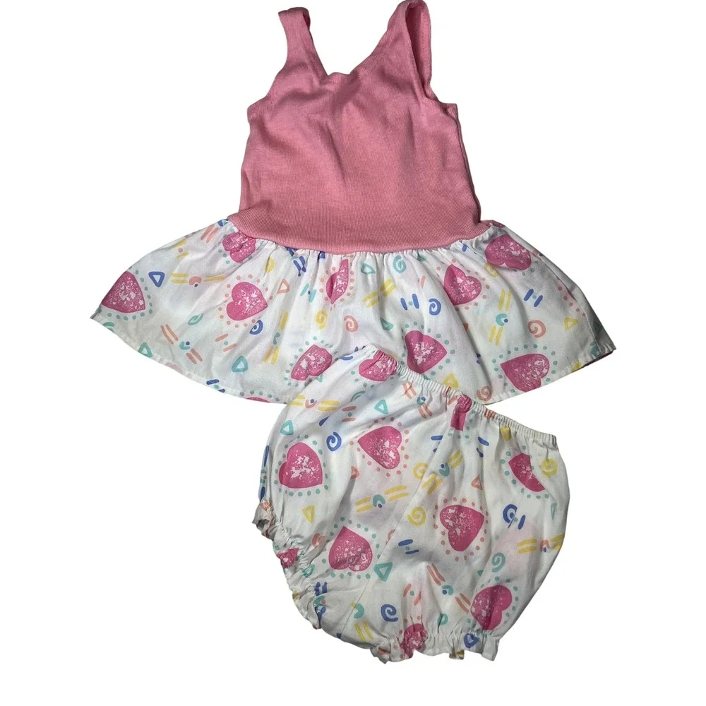 Vintage Baby Girls 18M Pink Heart‎ Geometric Dress and Bloomers Set Made in USA